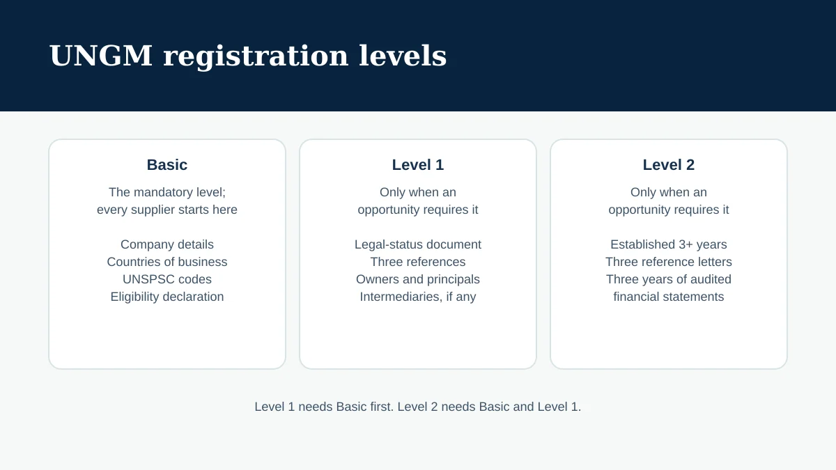 Three levels. Basic: the mandatory level, where every supplier starts; company details, countries of business, UNSPSC codes, eligibility declaration. Level 1: only when an opportunity requires it; legal-status document, three references, owners and principals, intermediaries if any. Level 2: only when an opportunity requires it; established three or more years, three reference letters, three years of audited financial statements. Level 1 needs Basic first; Level 2 needs Basic and Level 1.